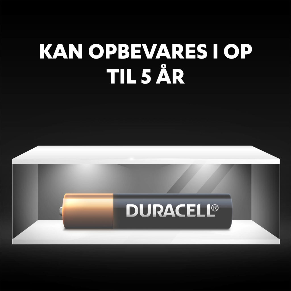 Duracell specialiserede alkaliske AAAA-batterier forbliver friske og drevet i op til 5 år i omgivelsesopbevaring